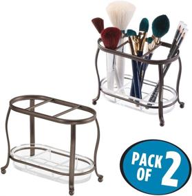 img 3 attached to 👝 mDesign Makeup Brush Storage Organizer Tray Stand for Bathroom Vanity, Dressing Tables, and Cosmetics - 3 Sections with Removable Bottom Tray - 2 Pack - Bronze/Clear