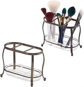 img 4 attached to 👝 mDesign Makeup Brush Storage Organizer Tray Stand for Bathroom Vanity, Dressing Tables, and Cosmetics - 3 Sections with Removable Bottom Tray - 2 Pack - Bronze/Clear