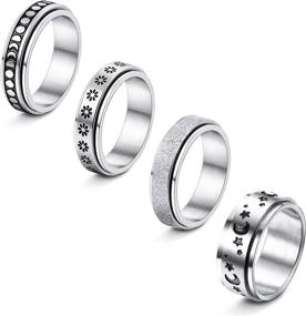 img 4 attached to 4-Piece Stainless Steel Spinner Rings Set for Women - Moon Star Sand Blast Finish Fidget Band Rings, Ideal for Stress Relief, Wedding & Promise