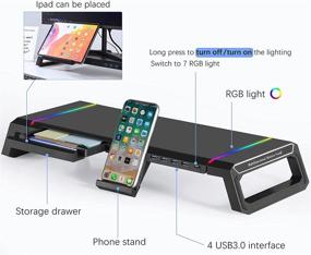 img 2 attached to 🎮 Enhance Gaming Experience with RGB Monitor Stand: TopMate Foldable Desk Riser with USB 3.0, Storage Drawer, Phone Holder, and Laptop Shelf in Black