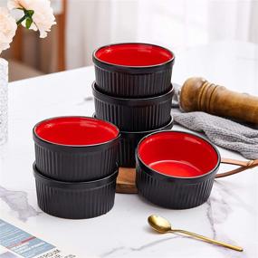 img 1 attached to 🍮 Bruntmor 8oz Ceramic Ramekins Souffle Dishes - Set of 6, Perfect for Souffle, Creme Brulee, Dipping Sauces - Baking, Serving, Oven Safe, Matte Black with Red Interior