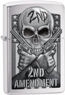 🔫 zippo custom lighter: second amendment skull & guns - brushed chrome 78702 logo