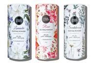 natural fragranced body dusting powder trio | talc-free, with rose, lavender, and sandalwood by herb & root logo