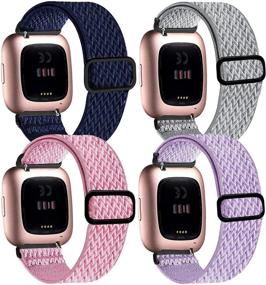 img 4 attached to 📱 Premium 4 Pack Adjustable Elastic Bands for Fitbit Versa Smartwatch - Soft Loop Nylon Fabric Replacement Straps for Women and Men