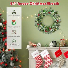 img 2 attached to 🎄 Goplus Snow Flocked Christmas Wreath with 50 LED Lights, Battery Operated, Timer, Snow and Red Berries, Ideal Xmas Decoration for Doorway Window Wall