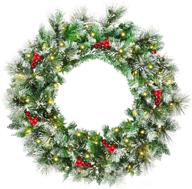 🎄 goplus snow flocked christmas wreath with 50 led lights, battery operated, timer, snow and red berries, ideal xmas decoration for doorway window wall logo