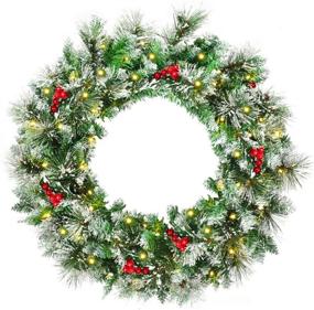 img 4 attached to 🎄 Goplus Snow Flocked Christmas Wreath with 50 LED Lights, Battery Operated, Timer, Snow and Red Berries, Ideal Xmas Decoration for Doorway Window Wall