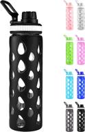 black 22oz glass water bottle with silicone sleeve - bpa free, non-toxic - wide mouth sports bottle with straw for bike, run, travel, gym & hiking логотип