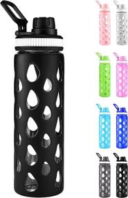 img 4 attached to Black 22oz Glass Water Bottle with Silicone Sleeve - BPA Free, Non-Toxic - Wide Mouth Sports Bottle with Straw for Bike, Run, Travel, Gym & Hiking