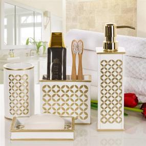 img 3 attached to 💎 Creative Scents Diamond Lattice 4 Piece Bathroom Accessories Sets - Elegant White and Gold Decorative Lotion Dispenser, Dish, Tumbler, Toothbrush Holder - Gift Packaged