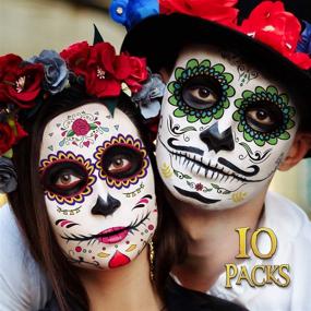 img 4 attached to 🎃 Татуировки на лицо Día de Los Muertos: 10 пачек временных наклеек на День мертвых с блестками, красными розами и скелетами для Хэллоуина и нарядов в стиле День мертвых.