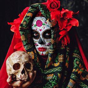 img 1 attached to 🎃 Татуировки на лицо Día de Los Muertos: 10 пачек временных наклеек на День мертвых с блестками, красными розами и скелетами для Хэллоуина и нарядов в стиле День мертвых.