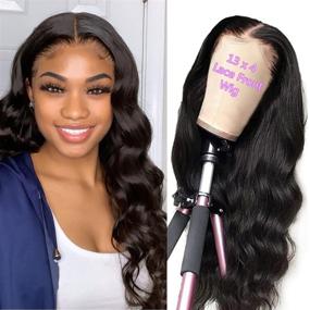 img 4 attached to 👩 NUOF Body Wave Lace Front Human Hair Wig, 13x4 HD Transparent Lace Frontal Wig 150% Density, Pre Plucked with Baby Hair, Perfect for Black Women (20 Inch)