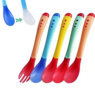 maberry baby spoons and forks feeding set: soft silicone tips, heat sensitive toddler utensils, bpa free dishes - 5 pack logo