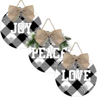 🎄 set of 3 christmas hanging sign decorations - peace, joy, love - buffalo check plaid wreath for front door - rustic burlap & wooden holiday decor - indoor/outdoor décor (black and white) логотип