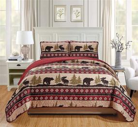 img 4 attached to Forest Bear Twin Bedspread Set - Quilted Cabin Lodge Bedding with Native American Patterns, Bears, Moose, Pine Trees - Brown, Beige, Green, and Burgundy - Western Wildlife Southwest Collection