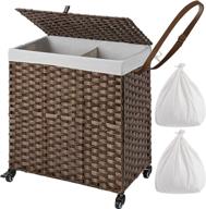 🧺 greenstell laundry hamper with wheels & 2 removable liner bags, 110l divided handwoven hampers, synthetic rattan clothes laundry basket with lid & handles, foldable hampers in brown, dimensions: 22x13x26.4 inches logo