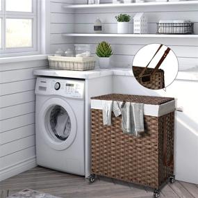 img 3 attached to 🧺 GREENSTELL Laundry Hamper with Wheels & 2 Removable Liner Bags, 110L Divided Handwoven Hampers, Synthetic Rattan Clothes Laundry Basket with Lid & Handles, Foldable Hampers in Brown, Dimensions: 22x13x26.4 inches