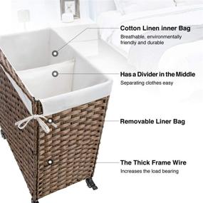 img 1 attached to 🧺 GREENSTELL Laundry Hamper with Wheels & 2 Removable Liner Bags, 110L Divided Handwoven Hampers, Synthetic Rattan Clothes Laundry Basket with Lid & Handles, Foldable Hampers in Brown, Dimensions: 22x13x26.4 inches