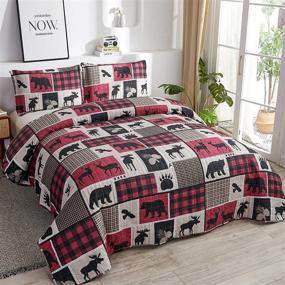 img 1 attached to ARL HOME Rustic Bedding Plaid Quilt Set - Queen Size Lodge Country Bedding - Red Black Plaid Bedspread - Moose Bear Bedding - Patchwork Quilt - Lodge Reversible Plaid Coverlet Set - Lightweight Rustic Bedspread: Quality Comfort and Classic Style!