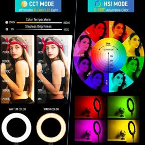 img 3 attached to Улучшенный комплект кольцевого светильника RGB диаметром 18 дюймов: управление приложением, регулируемые по яркости 30-ваттные светодиодные кольцевые освещение с подставкой, держателем для телефона и iPad, пультом дистанционного управления, двойным цветом, CRI 95+, 360° полная цветовая гамма, 17 эффектов освещения - идеально подходит для макияжа на селфи и YouTube