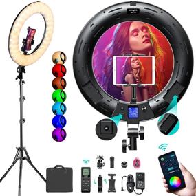 img 4 attached to Улучшенный комплект кольцевого светильника RGB диаметром 18 дюймов: управление приложением, регулируемые по яркости 30-ваттные светодиодные кольцевые освещение с подставкой, держателем для телефона и iPad, пультом дистанционного управления, двойным цветом, CRI 95+, 360° полная цветовая гамма, 17 эффектов освещения - идеально подходит для макияжа на селфи и YouTube