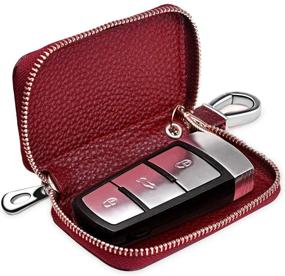 img 2 attached to 🍒 Buffway Car Key Chain Bag: Genuine Leather Coin Holder Wallet with Metal Hook and Zipper Case – Cherry