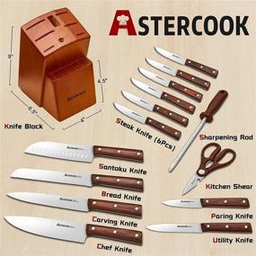 img 3 attached to Astercook Набор кухонных ножей из 15 предметов с деревянным блоком, 🔪 включающий ножи шеф-повара с лезвием из немецкой нержавеющей стали и 6 столовых ножей.