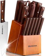 astercook 15-piece kitchen knife set with wooden block, 🔪 featuring german stainless steel blade chef knives and 6 steak knives logo