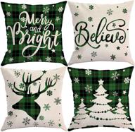 🎄 set of 4 green christmas pillow covers 18x18 - farmhouse christmas decorative throw pillows – linen rustic winter green and black buffalo plaid outdoor cushion covers – christmas home decorations логотип