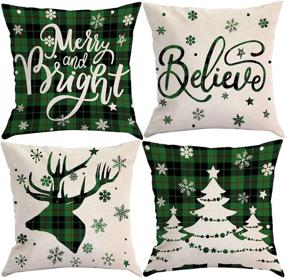 img 4 attached to 🎄 Set of 4 Green Christmas Pillow Covers 18x18 - Farmhouse Christmas Decorative Throw Pillows – Linen Rustic Winter Green and Black Buffalo Plaid Outdoor Cushion Covers – Christmas Home Decorations