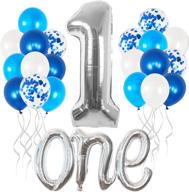 🎈 large 40 inch silver number 1 balloon bundle - pack of 22, silver one balloon for 1st birthday, latex white, dark and light blue confetti balloons for first birthday decorations set логотип