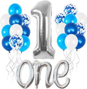 img 4 attached to 🎈 Large 40 Inch Silver Number 1 Balloon Bundle - Pack of 22, Silver One Balloon for 1st Birthday, Latex White, Dark and Light Blue Confetti Balloons for First Birthday Decorations Set