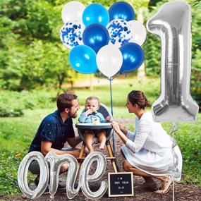 img 1 attached to 🎈 Large 40 Inch Silver Number 1 Balloon Bundle - Pack of 22, Silver One Balloon for 1st Birthday, Latex White, Dark and Light Blue Confetti Balloons for First Birthday Decorations Set