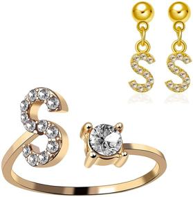 img 4 attached to 💍 Sparkling Gold Crystal Alphabet Knuckle Rings & Stud Earrings Set: Trendy Adjustable Jewelry for Women & Girls by Beemean