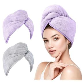 img 4 attached to DUDUCOFU Microfiber Hair Drying Towel for Women - 2 Pack Quick Dry Hair Turban with Button Hair Towel Wrap for Thick, Long, Curly Hair - Anti Frizz, Gray+Purple