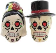 💀 ceramic salt and pepper shakers: day of the dead bride and groom skulls logo