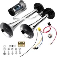 🚂 150db air train horn kit for car, loud twin tone chrome plated zinc dual trumpet with compressor – ideal for 12v trucks, lorries, trains, vans, boats (silver) logo