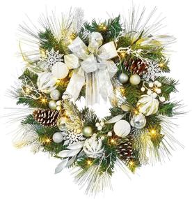 img 4 attached to 🎄 Adeeing 24 Inch Outdoor Christmas Wreath for Front Door - Battery Operated Xmas Wreath with Silver White Ball Ornaments, Bows, and 20 LED Lights - Home Holiday Decor