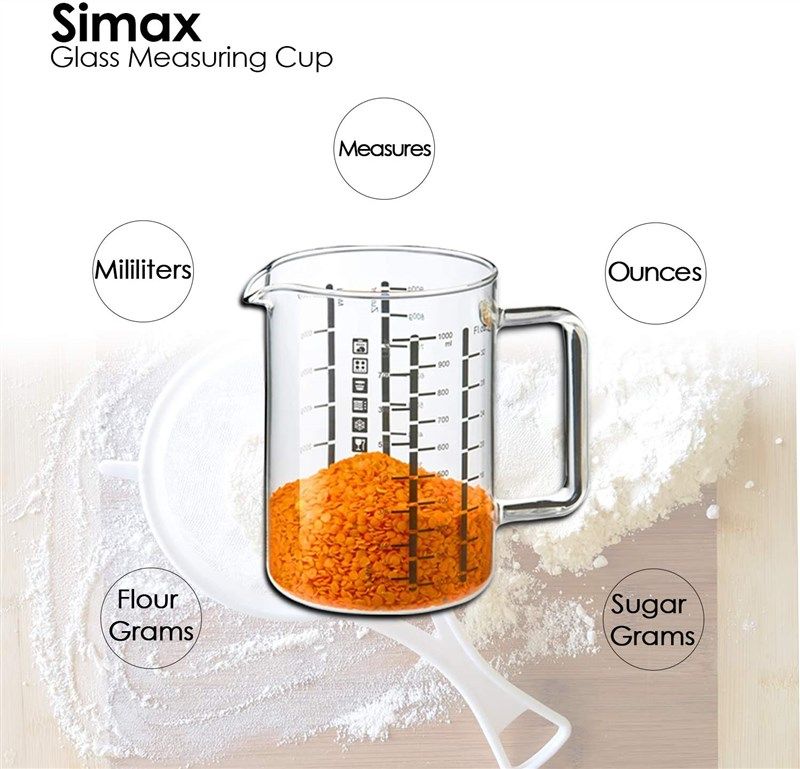 Simax Glass Measuring Cup, Durable Borosilicate Glass, Easy to Read Metric  Measurements in Liter, Milliliter, Ounce, Sugar Grams, Drip Free Spout,  Microwave Safe Pack of 2 includes 32 oz and 16 oz 