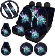 🐢 xhuibop art sea turtle car seat cover bundle: full 11-piece set with steering wheel cover, seat belt covers, keychain, cup holder coaster, bucket seat covers - ideal for women logo