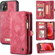 iphone 12 mini wallet case | zttopo 2-in-1 leather zipper detachable magnetic with 11 card slots money pocket, screen protector, and 5.4 inch cover (red) logo