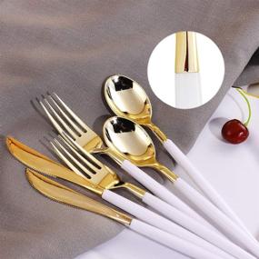 img 2 attached to 🍽️ Baroque White & Gold Plastic Dinnerware Set - WDF 30Guest Gold Plates & Disposable Gold Silverware with White Handle for Upscale Wedding & Parties