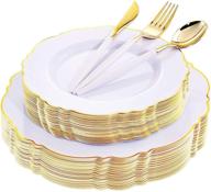 🍽️ baroque white & gold plastic dinnerware set - wdf 30guest gold plates & disposable gold silverware with white handle for upscale wedding & parties logo