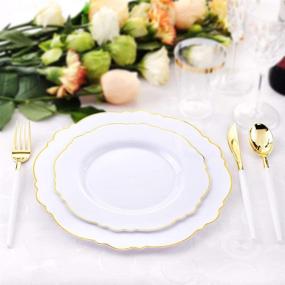 img 1 attached to 🍽️ Baroque White & Gold Plastic Dinnerware Set - WDF 30Guest Gold Plates & Disposable Gold Silverware with White Handle for Upscale Wedding & Parties