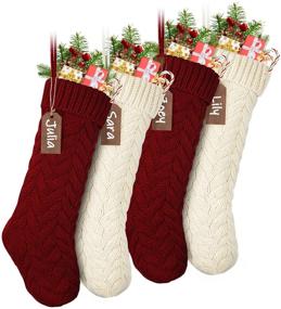 img 4 attached to 🎁 Pack of 4 LIBWYS 18-inch Large Cable Knit Christmas Stockings with Personalized Name Tags - Classic Burgundy Red & Ivory White Hand Stockings for Xmas