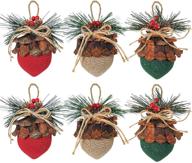 set of 6 christmas acorn ornaments with pinecone tops - burlap baubles for shatterproof hanging on tree, adorned with snowy berries and pine needles - perfect rustic christmas winter decoration логотип