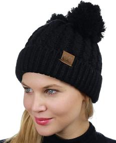 img 2 attached to 🧣 C.C Soft Stretch Cable Knit Ear Pom Pom Cuff Skully Beanie Hat