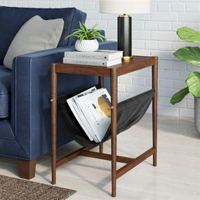 img 4 attached to 🪑 Nathan James Nelly Mid-Century Rustic Sofa Table with Vegan Leather Magazine Holder - Oak Finish, Wood and Black Metal Rectangle Side Table