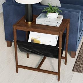 img 3 attached to 🪑 Nathan James Nelly Mid-Century Rustic Sofa Table with Vegan Leather Magazine Holder - Oak Finish, Wood and Black Metal Rectangle Side Table